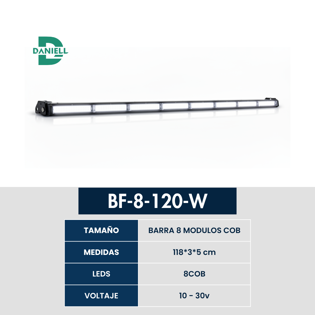 Barra LED Panorámica COB 8 Módulos | Daniell - 118 cm | 10-30V | Iluminación Profesional para Vehículos Pesados